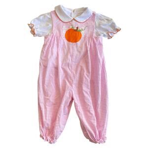Petit Ami Baby Girls Pink Gingham Fall Pumpkin Overalls Romper Outfit 12m